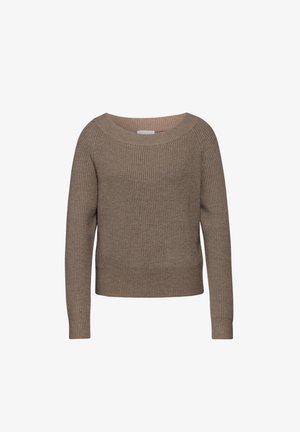 Brauner gestrickter Pullover mit weitem Bootsausschnitt, gerippten Bündchen und Saum, der ein strukturiertes Muster und ein leicht verkürztes Design aufweist.