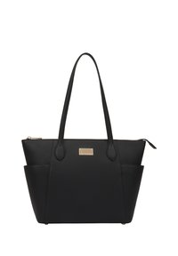 Sac fourre-tout en cuir noir avec deux longues poignées, doté d'une fermeture éclair et de quincaillerie dorée. Des poches latérales accentuent le design structuré.