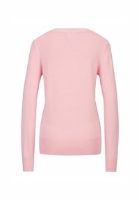 Roze lange mouw gebreide trui met ronde hals, voorzien van geribde boorden en zoom. Zachte textuur met een gladde afwerking, zonder patroontjes of versieringen.