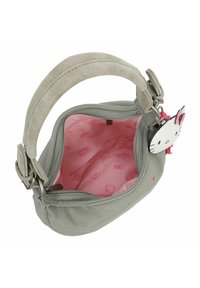 Borsa a mano in tessuto grigio con manico morbido e curvo, chiusura con zip e interno rosa decorato con motivi di Hello Kitty e piccoli dettagli.