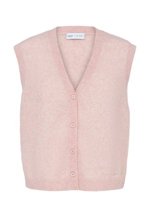 Gilet di lana rosa con scollatura a V, design senza maniche e sei bottoni sul davanti. Texture morbida e dettagli a coste sull'orlo.