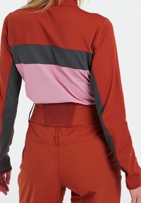 Langarm-Sporttop in Rost mit grauen und pinken horizontalen Farbblöcken. Verfügt über eine taillierte Silhouette und elastischen Taillenbund.