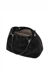 Bolso negro con superficie texturizada y acentos plateados. Incluye dos asas y un interior espacioso con forro de color claro.