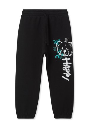 Pantaloni della tuta neri in cotone con vita elasticizzata, caratterizzati da una grafica di un orso bianco e la parola "Felice" in lettere in grassetto.