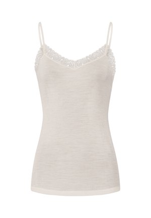 Hvid camisole med tynde stropper, der har en v-udskæring og en blondebesætning ved halsudskæringen. Fremstillet af blødt, tekstureret stof.
