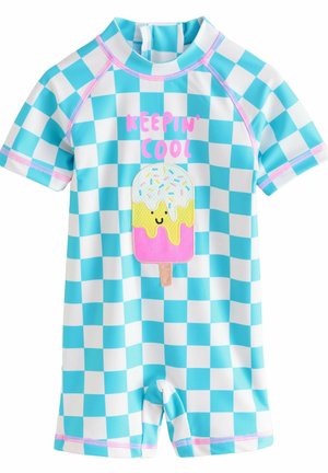 Maillot de bain à manches courtes à motif carreaux bleu et blanc avec un graphique de glace jaune et rose et le texte "GARDER AU FRAIS".