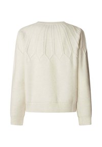 Pull tricoté de couleur crème avec manches longues et poignets, ourlet et encolure côtelés, présentant un motif géométrique vertical sur le haut du dos.