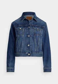 Denim jacket featuring a dark blue wash, cropped design, button closure, two chest pockets, and pointed collar. Textured fabric with contrast stitching.