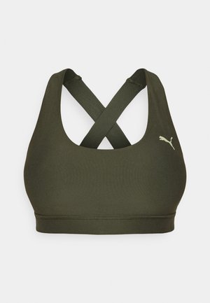 Olivno zelen modrček za šport z gladko teksturo, ki ima obliko križnega hrbta in subtilno logotip na sprednji levi strani.