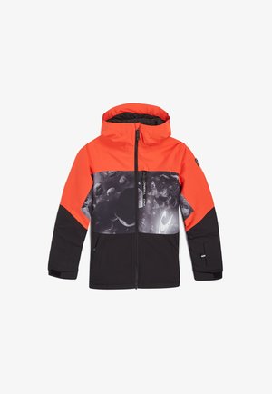 Giacca color-block con parte superiore arancione e parte inferiore nera, con stampa grafica grigia. Include un cappuccio e una zip frontale.