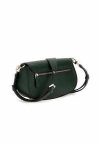 Borsa a tracolla verde in pelle con tasca frontale con zip, forma curvata, cinturino regolabile e dettagli in metallo argento. Finitura in tessuto liscio.