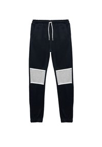 Marineblaue Jogginghosen mit einem verstellbaren Kordelzugbund, versehen mit grauen Paneelakzenten an den Knien. Hergestellt aus weichem Stoff mit elastischen Bündchen.