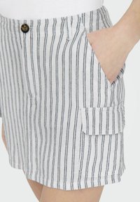 Pantaloni short a righe realizzati in tessuto leggero, dotati di una cintura solida, tasche laterali e una tasca a patta. I colori includono righe bianche e blu navy.