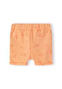 Oranži auduma šorti ar mīkstu tekstūru, ar maziem palmu koka zīmējumiem tumšākā oranžā krāsā. Elastīga josta un apšūtas kāju atveres.