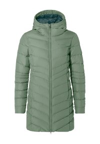 Giacca a vento verde con cappuccio, caratterizzata da strisce orizzontali trapuntate e una cerniera frontale. Materiale liscio e leggero con una texture morbida.
