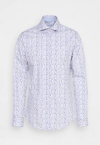 Langarmshirt van lichtgewicht stof met een witte basis en blauwe geometrische print. Beschikt over een klassieke kraag en knoopsluiting aan de voorkant.