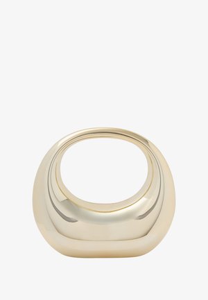 Tyylikäs metallinen maljakko, jossa on pyöristetty muoto, sileä pinta ja kultainen viimeistely, jossa on hienovaraisia muotoja ja avoin yläosa.