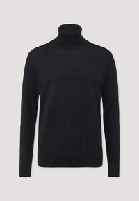 Schwarzer Rollkragenpullover aus weichem, glattem Stoff. Hat lange Ärmel und gerippte Bündchen, mit einer taillierten Passform. Keine Muster oder Verzierungen.