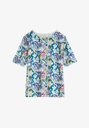 Top scurt cu mânecă floral, prezentând un imprimeu multicolor cu flori albastre, verzi, roșii și galbene pe un fundal deschis. Material textil moale, țesut.