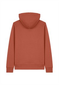 Roest-oranje hoodie met een zachte textuur, lange mouwen en een capuchon met trekkoord. Heeft een schone achterkant zonder extra graphics of patronen.