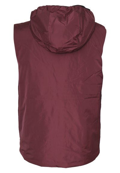 Giacca impermeabile senza maniche bordeaux con cappuccio, realizzata in materiale leggero e lucido. Caratterizzata da una texture liscia e un design a taglio dritto.