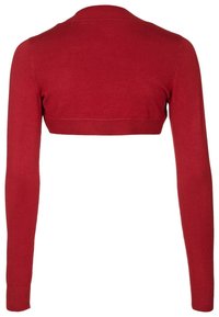 Cárdigan corto rojo con mangas largas, hecho de un suave material de punto. Incluye un cuello y puños acanalados, con un diseño limpio y minimalista.