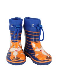 Bottes de pluie en caoutchouc bleues avec des rayures orange et un motif de renard souriant sur le devant. Comprend un lacet bleu ajustable pour un bon ajustement.