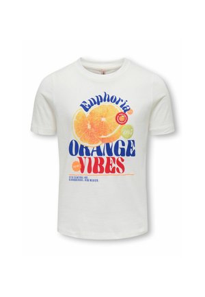 Witte T-shirt met korte mouwen met een grote oranje fruitafbeelding en tekst met de tekst "Euphoria Orange Vibes" en een adres in Albuquerque, New Mexico.