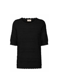 Haut noir à manches courtes avec un design texturé et ondulé, et un col et un ourlet festonnés. Fabriqué en tissu tricoté doux.