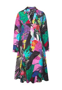 Buntes Kleid mit einem Blumen- und Blättermuster in verschiedenen Tönen von Pink, Grün, Blau und Schwarz, mit klassischem Kragen und langen Ärmeln.