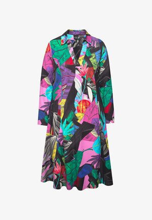 Buntes Kleid mit einem Blumen- und Blättermuster in verschiedenen Tönen von Pink, Grün, Blau und Schwarz, mit klassischem Kragen und langen Ärmeln.