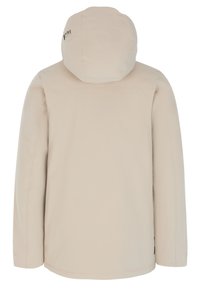 Beige hooded jacket shown from the back with long sleeves and minimal visible details.