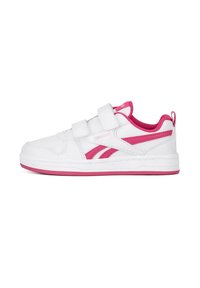 Zapatillas deportivas blancas con detalles en rosa, confeccionadas con un material sintético suave, dos correas de Velcro y una suela de goma con un dibujo mínimo.