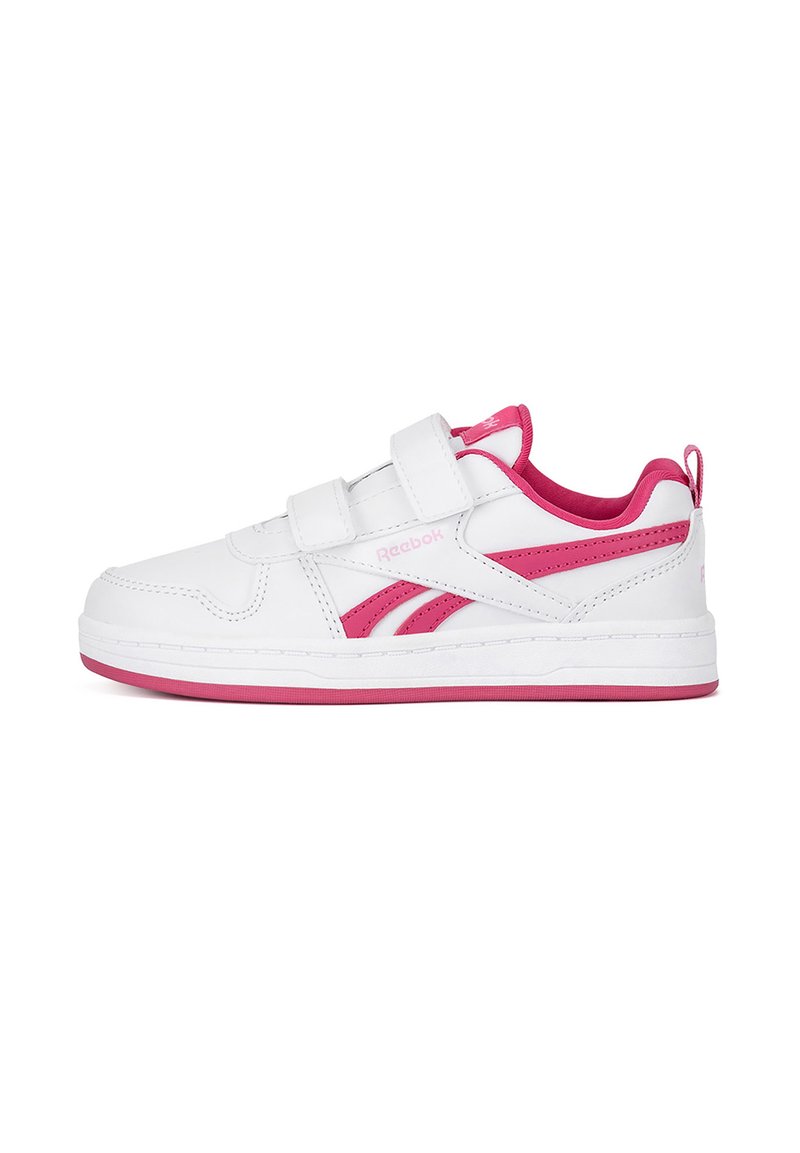 Zapatillas deportivas blancas con detalles en rosa, confeccionadas con un material sintético suave, dos correas de Velcro y una suela de goma con un dibujo mínimo.