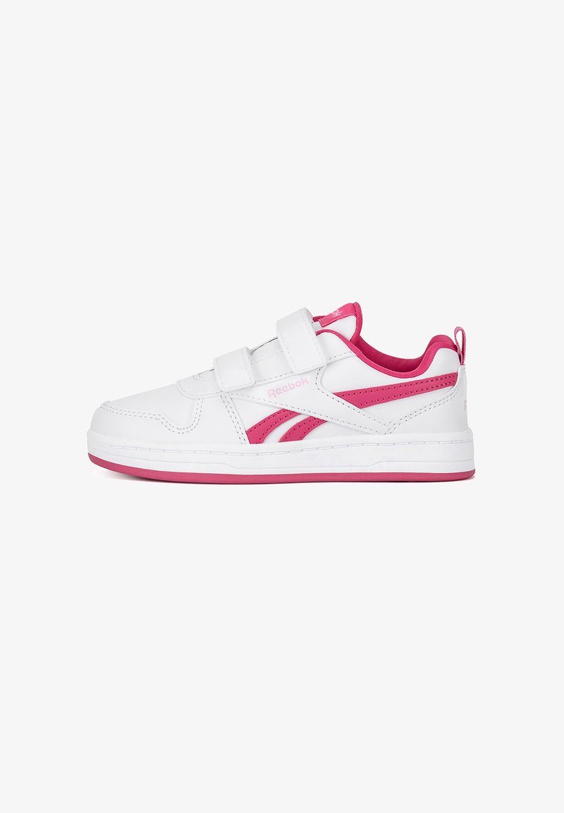 Zapatillas deportivas blancas con detalles en rosa, confeccionadas con un material sintético suave, dos correas de Velcro y una suela de goma con un dibujo mínimo.