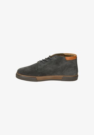 Gray suede high-top shoe with brown leather accent at the heel, round toe, and gray laces; rubber sole with textured pattern.
