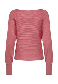 Rosa ribbestrikket genser med bred hals, lange ermer og en tettsittende kant nederst. Teksturen er myk og glatt, og fremhever strikkemønsteret.