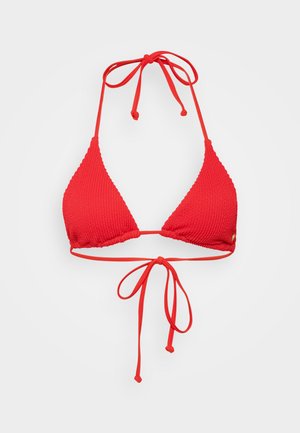 Red triangle bikini top with textured fabric, adjustable ties at neck and back, and a small gold accent detail at the side.