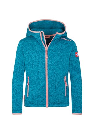 Blue textured zip-up hoodie with pink trim, zippered pockets, a hood, and a small Norwegian flag patch on the left sleeve.