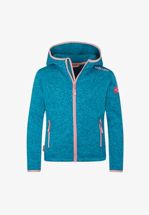 Blauer strukturierter Kapuzenpullover mit Reißverschluss, pinkem Rand, Reißverschlusstaschen, Kapuze und kleinem norwegischem Flaggenaufnäher am linken Ärmel.