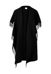 Sort poncho med frynsekant, åben front og to sidelommer. Fremstillet af blødt stof, med løs fald og minimalistisk design.