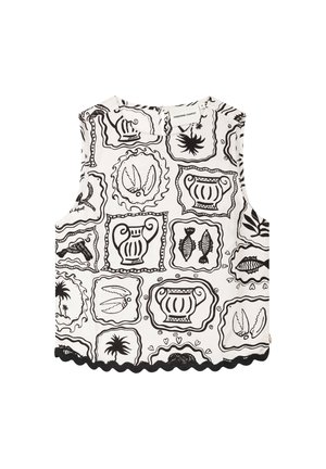 Sleeveless white top with black outlined decorative patterns including vases, fish, palm trees, and crab claws, scalloped black hem trim.