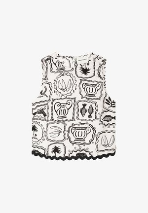 Sleeveless white top with black outlined decorative patterns including vases, fish, palm trees, and crab claws, scalloped black hem trim.