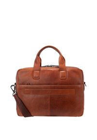 Rjava usnjena aktovka z teksturirano površino, dvema zgornjima ročajema in snemljivim ramenskim trakom. Ima sprednji žep in zadrgo za zapiranje.