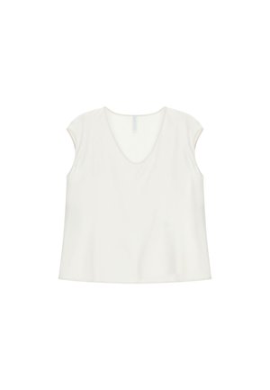 Blusa bianca senza maniche con scollatura a V, vestibilità ampia e orlo leggermente curvo su sfondo bianco semplice.