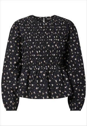 Bluză neagră cu mâneci lungi, bust cu efect smock, imprimeu mic floral albastru și bej, decolteu rotund și manșete și tiv adunate.