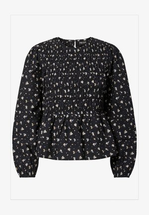 Bluză neagră cu mâneci lungi, bust cu efect smock, imprimeu mic floral albastru și bej, decolteu rotund și manșete și tiv adunate.