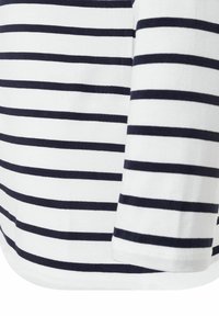 Gestreiftes Hemd mit navyblauen und weißen horizontalen Streifen, aus einem weichen Baumwollmaterial mit abgerundetem Saum und langen Ärmeln.