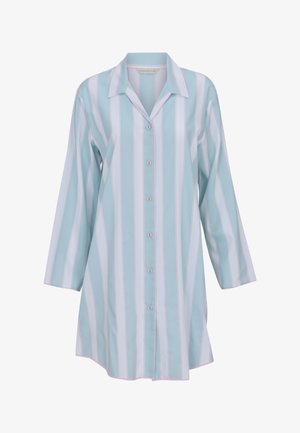 Vestito camicia a maniche lunghe con bottoni, caratterizzato da righe verticali azzurro chiaro, bianche e rosa, colletto appuntito e bottoni frontali.