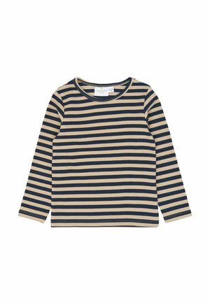 Chemise enfant à manches longues avec des rayures horizontales bleu marine et beige et un col rond sur fond blanc.